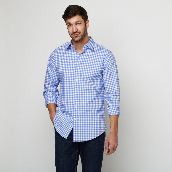 blue checked dress shirt Wrinkle-Resistant Stretch Twill Blue Grid Check Dress Shirt No Pocket / Premium Custom Buttons