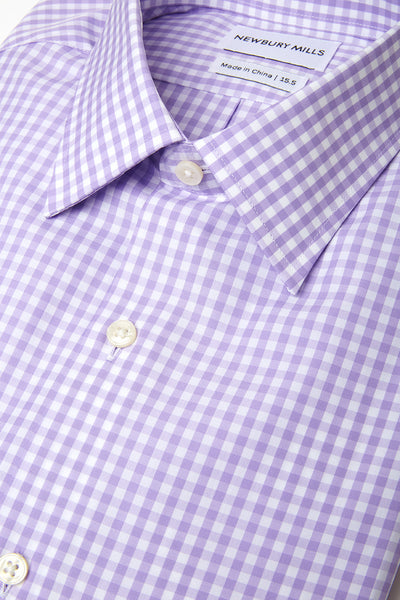 Purple Checks shirt folded with close up of fabric