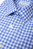 Blue Checks shirt folded with close up of fabric