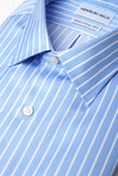 Striped Blue Shirt with close up of fabric and banker stripe design