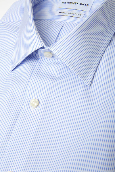 Thin Blue Stripes shirt folded with close up of fabric