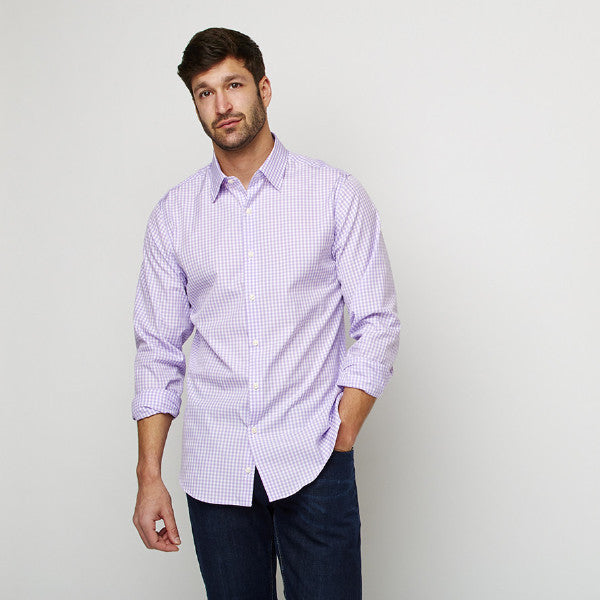 Purple Checks shirt worn casually untucked